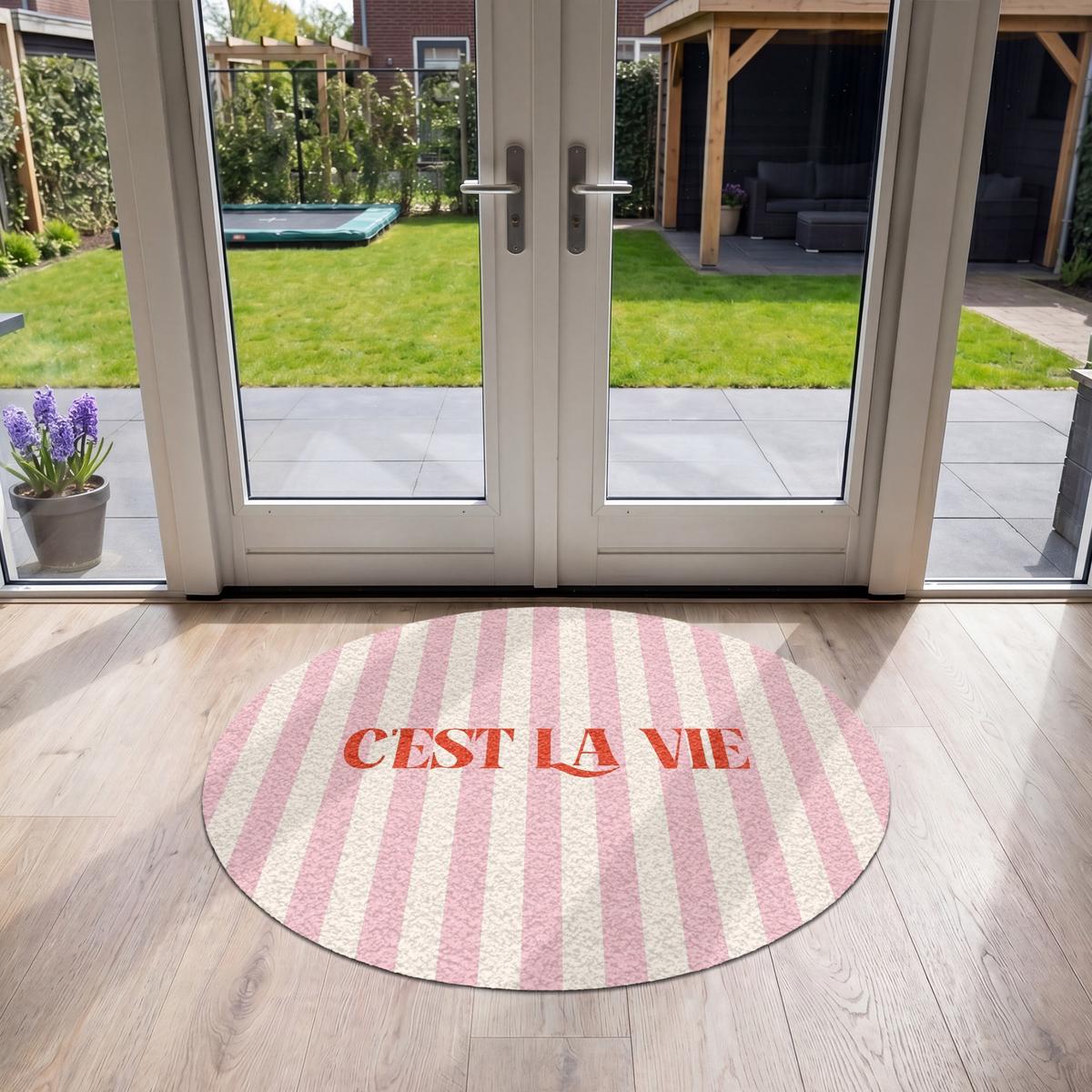 FUSSMATTE Zartrosa – Rot – Streifen – C'est La Vie 120x120 cm - Rosa, Kunststoff (120/0.4cm) - MuchoWow