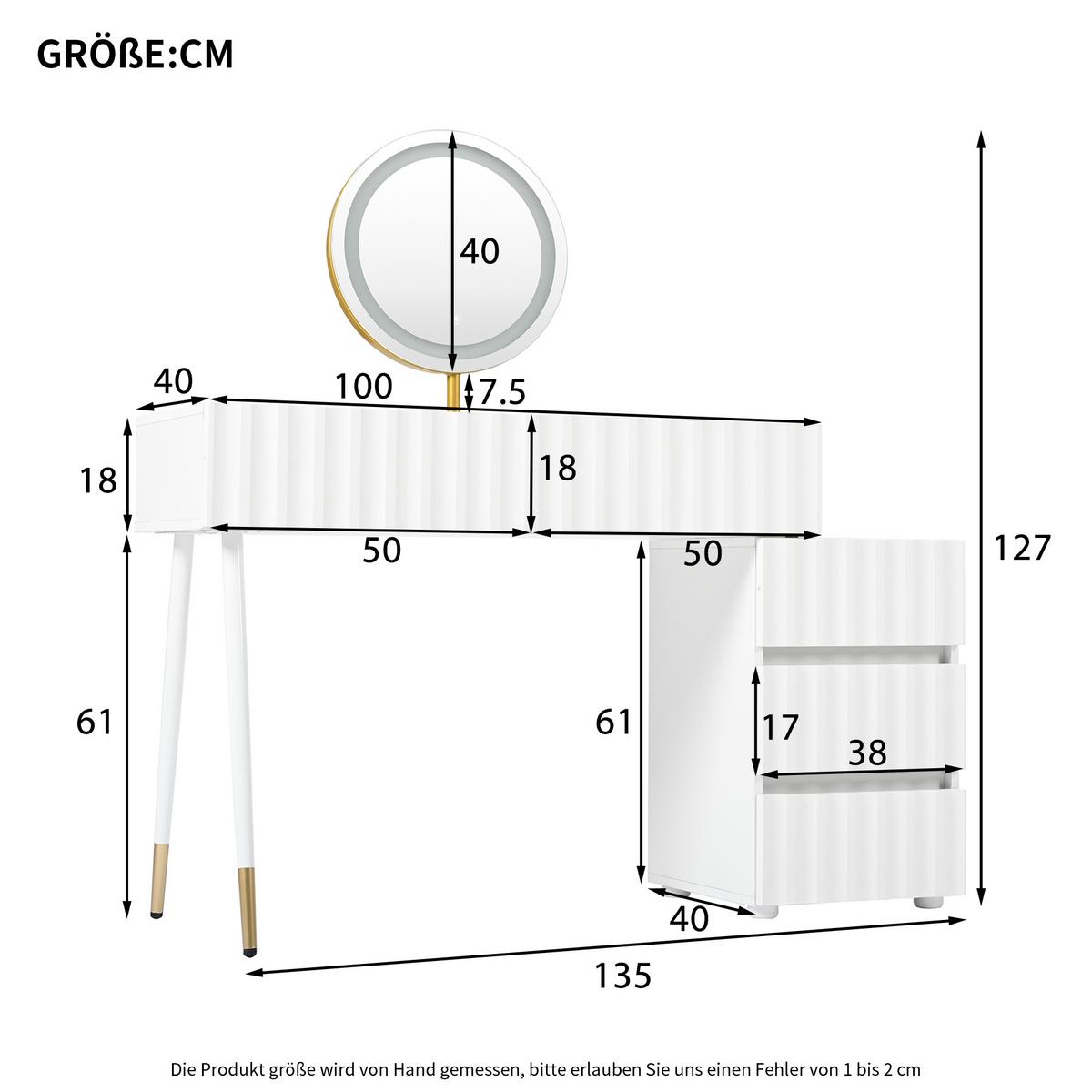 SCHMINKTISCH mit LED-Spiegel und Schubladen Weiß - Weiß, Holzwerkstoff (40/127/100cm) - Urban Meuble