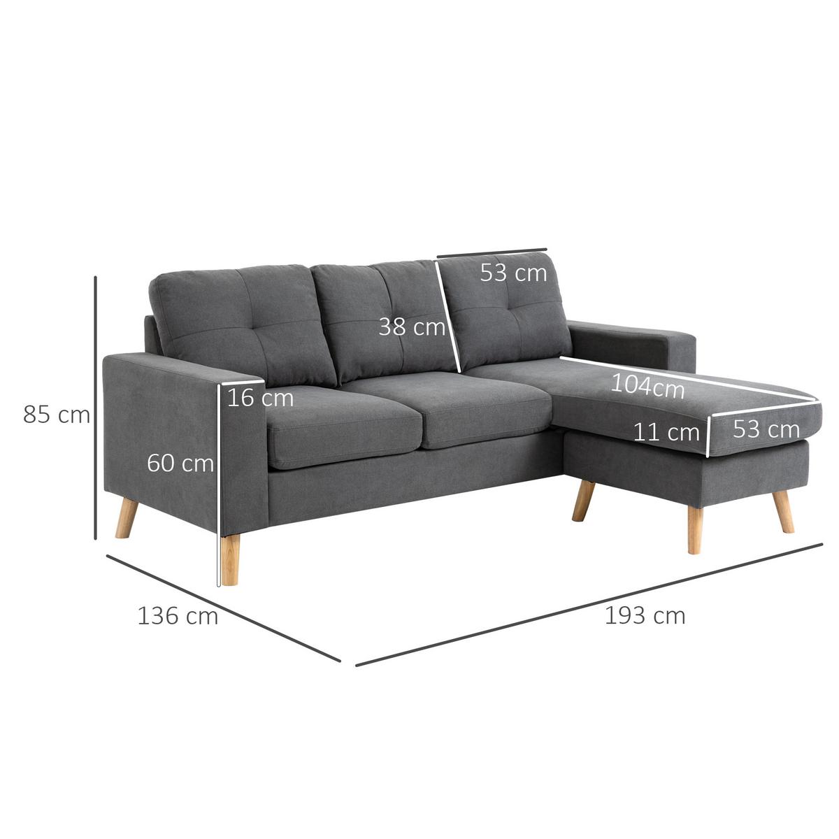 ECKSOFA Eckcouch in L-Form, Eckgarnitur in Leinenoptik Couchgarnitur Dunkelgrau - Dunkelgrau/Naturfarben, Holz/Textil (136/193cm) - HOMCOM