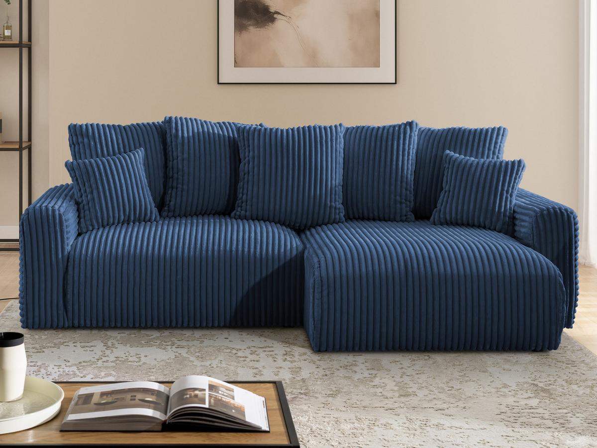 ECKSOFA Calma mit Schlaffunktion und Bettkasten im Bumpy-Design aus weichem Marineblau Plüschcord - Ottomane rechts - Blau/Schwarz, Holz/Kunststoff (140/239cm) - S-Style