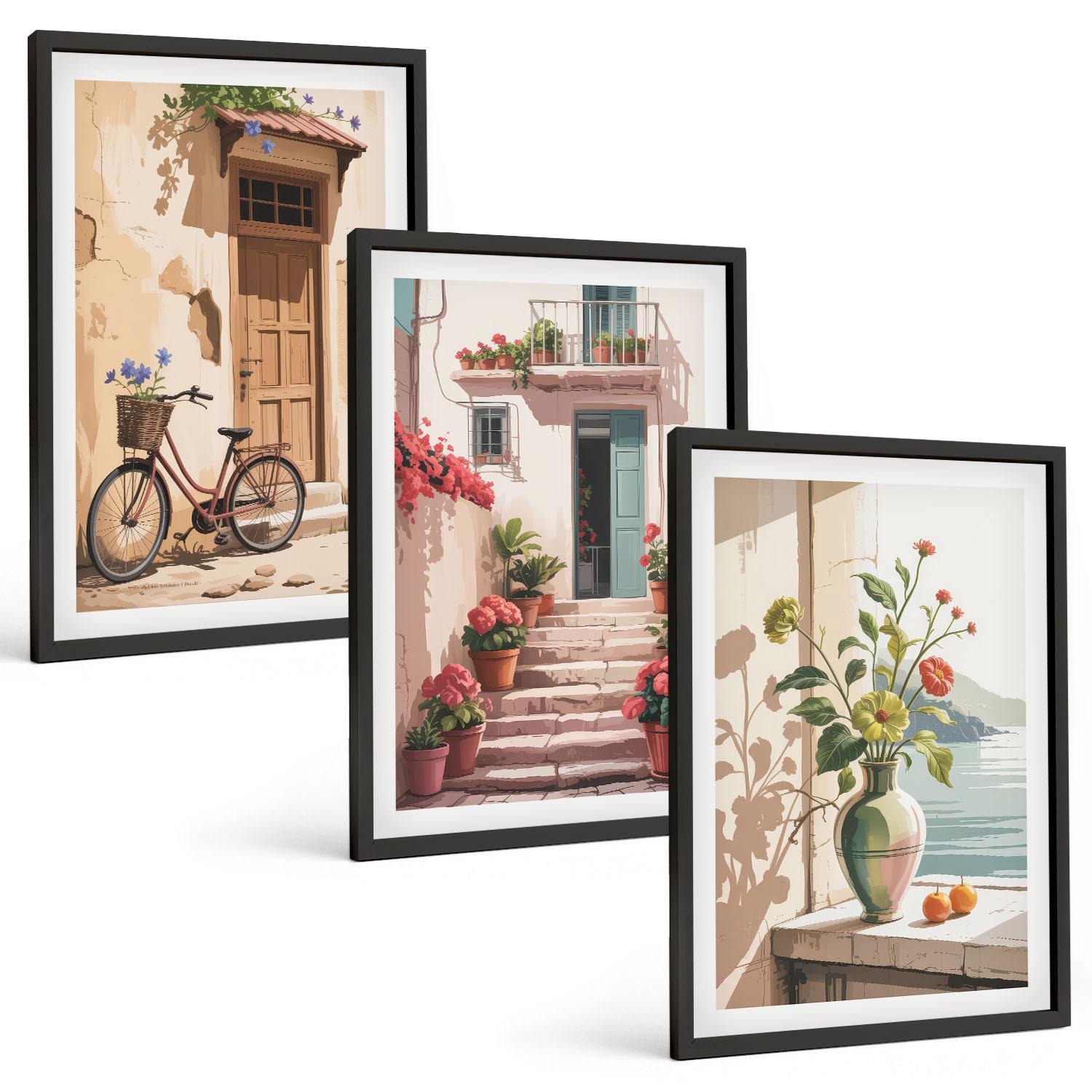BILDER SET 3er Set - 40x60 cm Schwarzer Rahmen - Straßen, Blumen und Fahrräder - Schwarz, Kunststoff (40/60cm) - TULUP