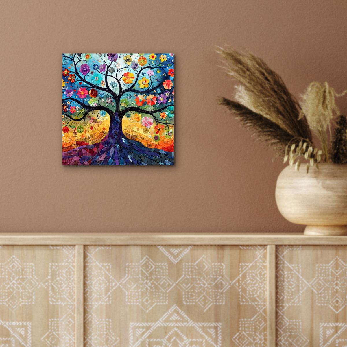 METALLBILD Kunst - Baum des Lebens - Blumen - Hippie 20x20 cm - Dunkelblau, Metall (20/20cm) - MuchoWow