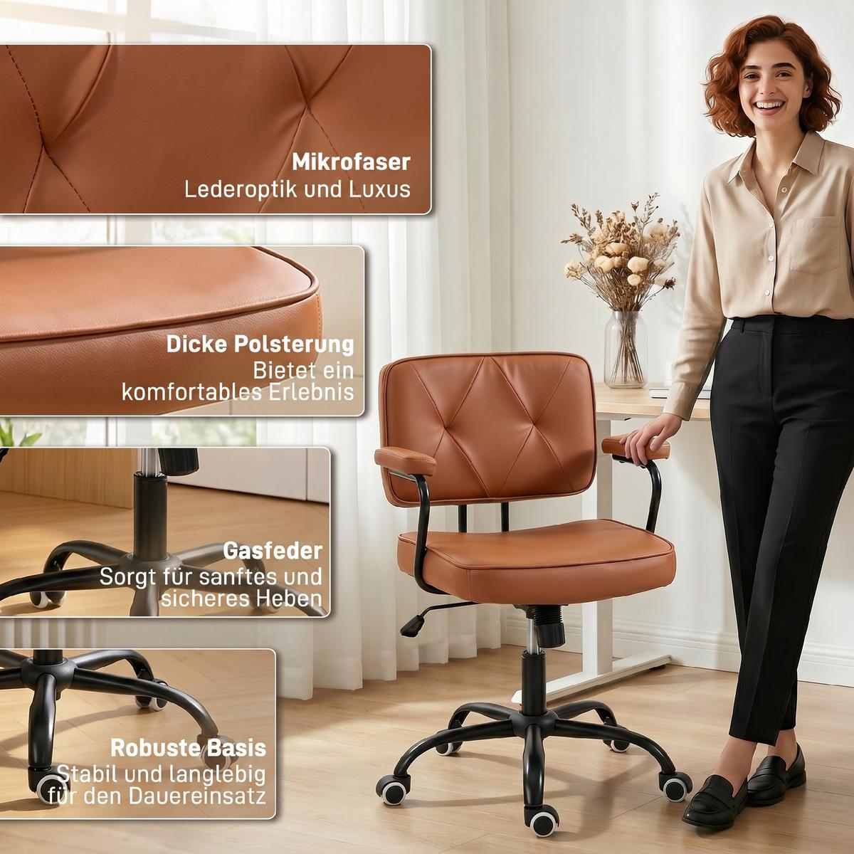 BÜROSTUHL mit Rollen, Drehstuhl, Braun - Braun, Metall (58/91/61cm) - Vinsetto