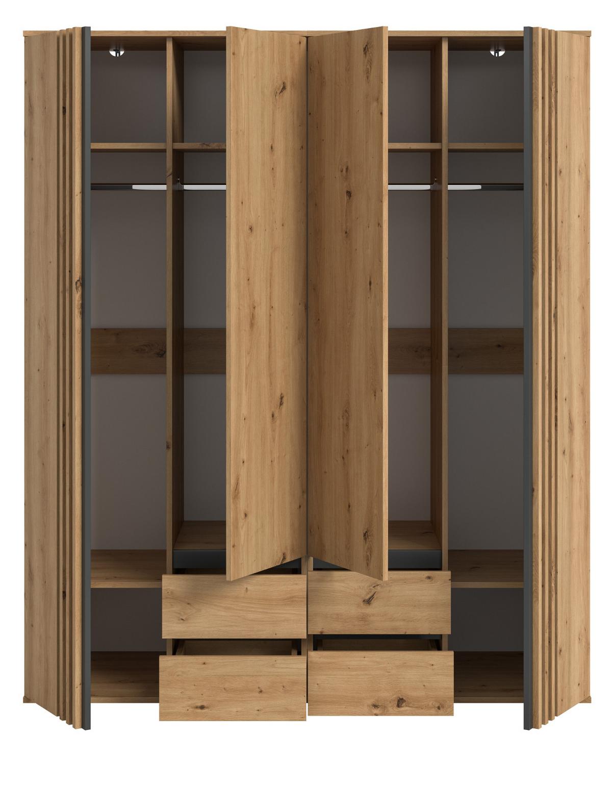 KLEIDERSCHRANK Eiche Artisan, grau 160 x 192 cm 4-türig, Drehtürenschrank mit Schubladen - Anthrazit/Eiche Artisan, Holzwerkstoff (160/192/56cm) - Inn.Furn