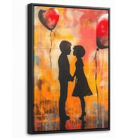 LEINWAND Bilder mit Rahmen - Straßenkunst - Liebe - Graffiti - Kunst - Banksy - 40x60 - Orange, Textil (40/60cm) - MuchoWow