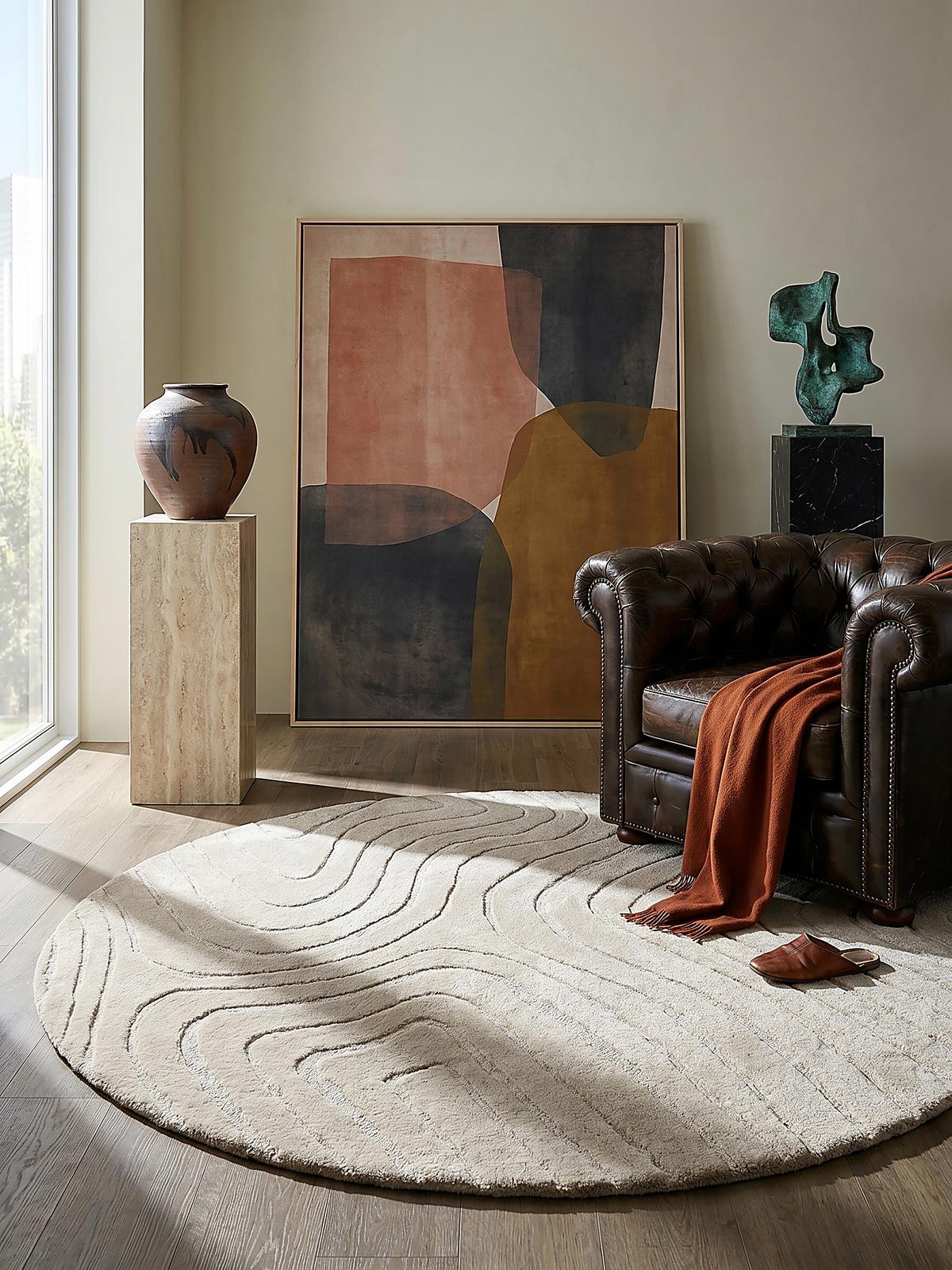 WOLLTEPPICH LEVEN, abstrakt, Beige, Ø 160 cm - Beige, Textil (160/160cm) - KADIMA DESIGN