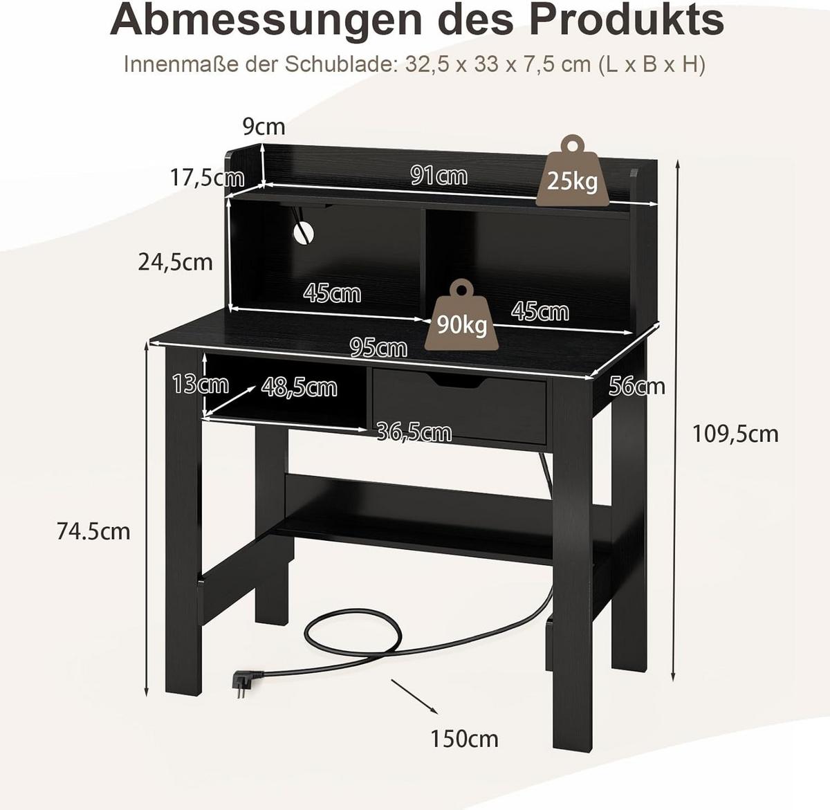 COMPUTERTISCH Schwarz - Schwarz, Holzwerkstoff (56/95/109.5cm) - COSTWAY