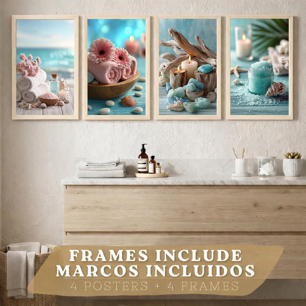 POSTER 4er-Set Badezimmer-Wandposter, Strand-Spa-Poster für Waschbecken, WC mit Muscheln, Kerzen, Handtüchern und Meersalz Leichter Holzrahmen A3 - Beige, Papier (42/29.7/3cm) - Nacnic