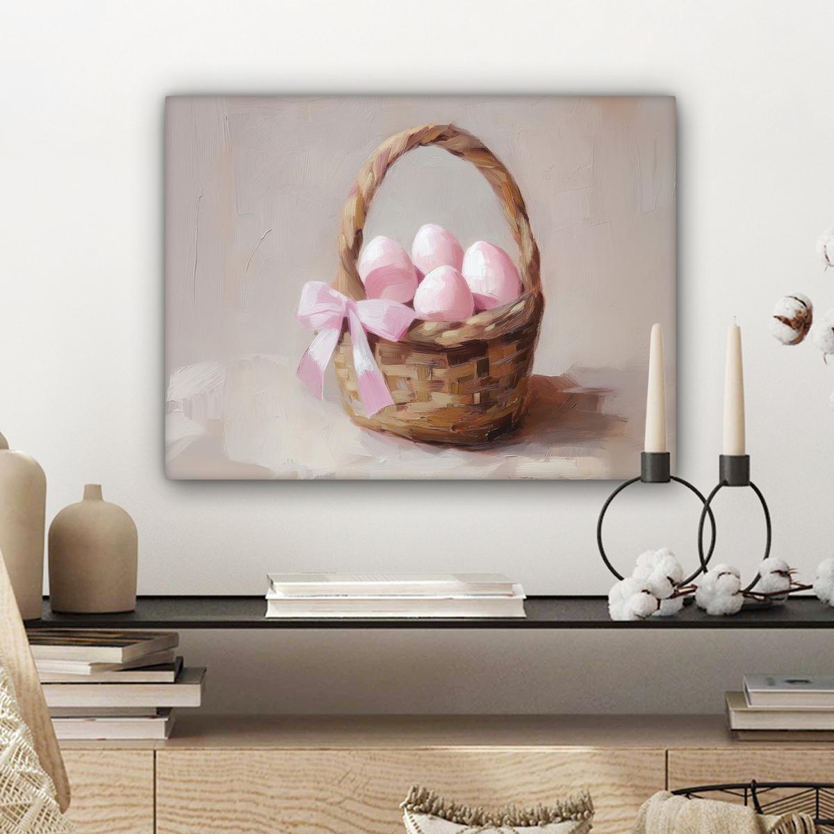 LEINWANDBILD Korb - Eier - Rosa Wandbild 40x30 cm - Beige, Textil (40/30cm) - MuchoWow