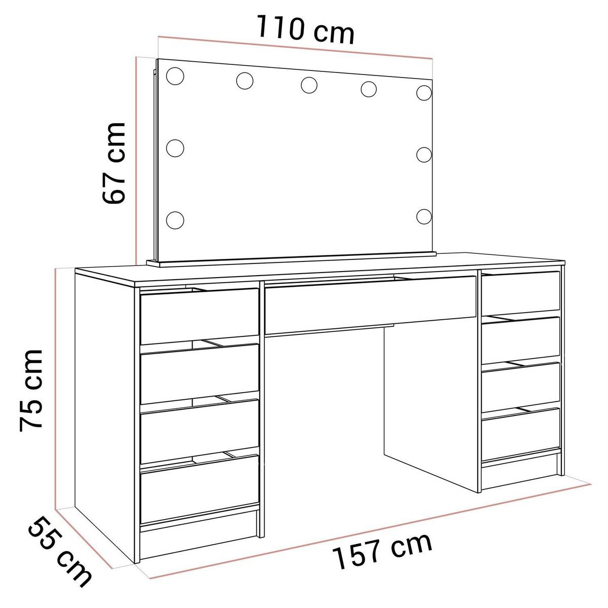 SCHMINKTISCH MADA DOUBLE ELITE mit Spiegel und Beleuchtung, Weiß hochglanz - Weiß, Holzwerkstoff (157/75/55cm) - Lookway