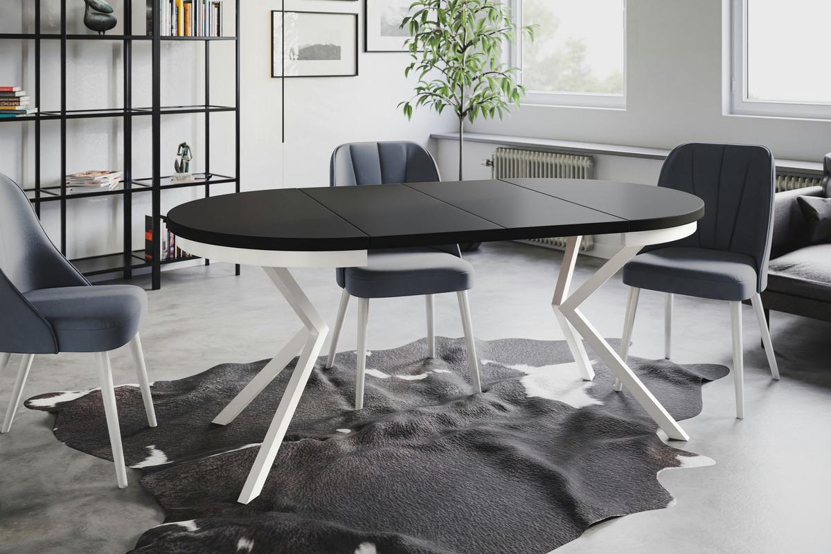 RUNDER Esszimmertisch BERGO, ausziehbarer Tisch Durchmesser: 120 cm/200 cm, Wohnzimmertisch Farbe: Schwarz, mit Metallbeinen in Farbe Weiß - Schwarz/Weiß, Holzwerkstoff (120/120/76cm) - Alpi-Möbel