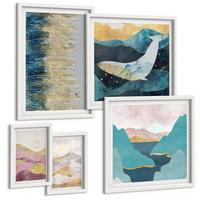 BILDER SET 5er Set - 50x50 cm & 20x30 cm & 40x60 cm Weißer Rahmen - Abstrakte Berge Sonne - Weiß, Kunststoff (40/60cm) - TULUP