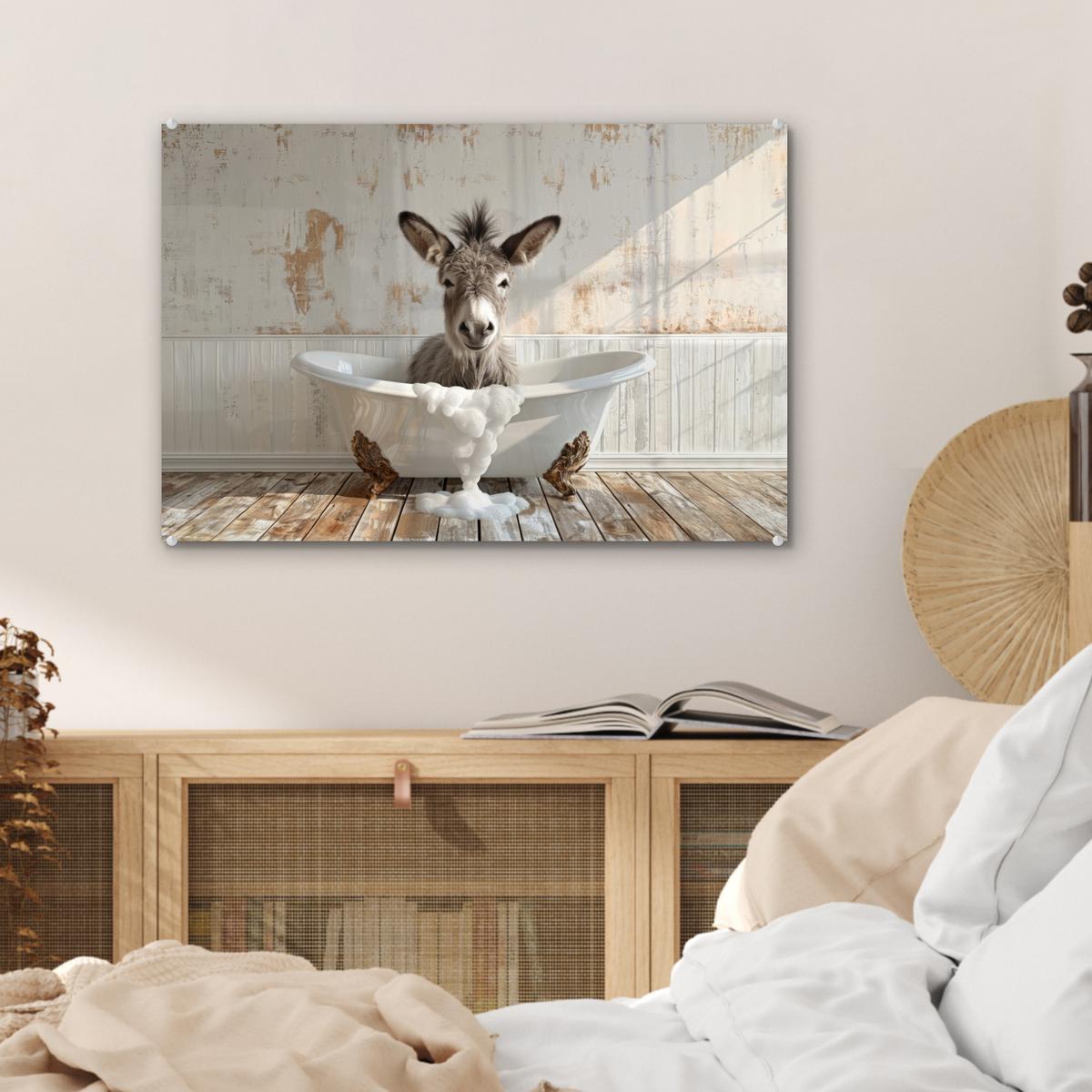 ACRYLGLASBILD Esel - Tiere - Badewanne - Schaumstoff Wanddeko 60x40 cm - Weiß, Glas (60/40cm) - MuchoWow