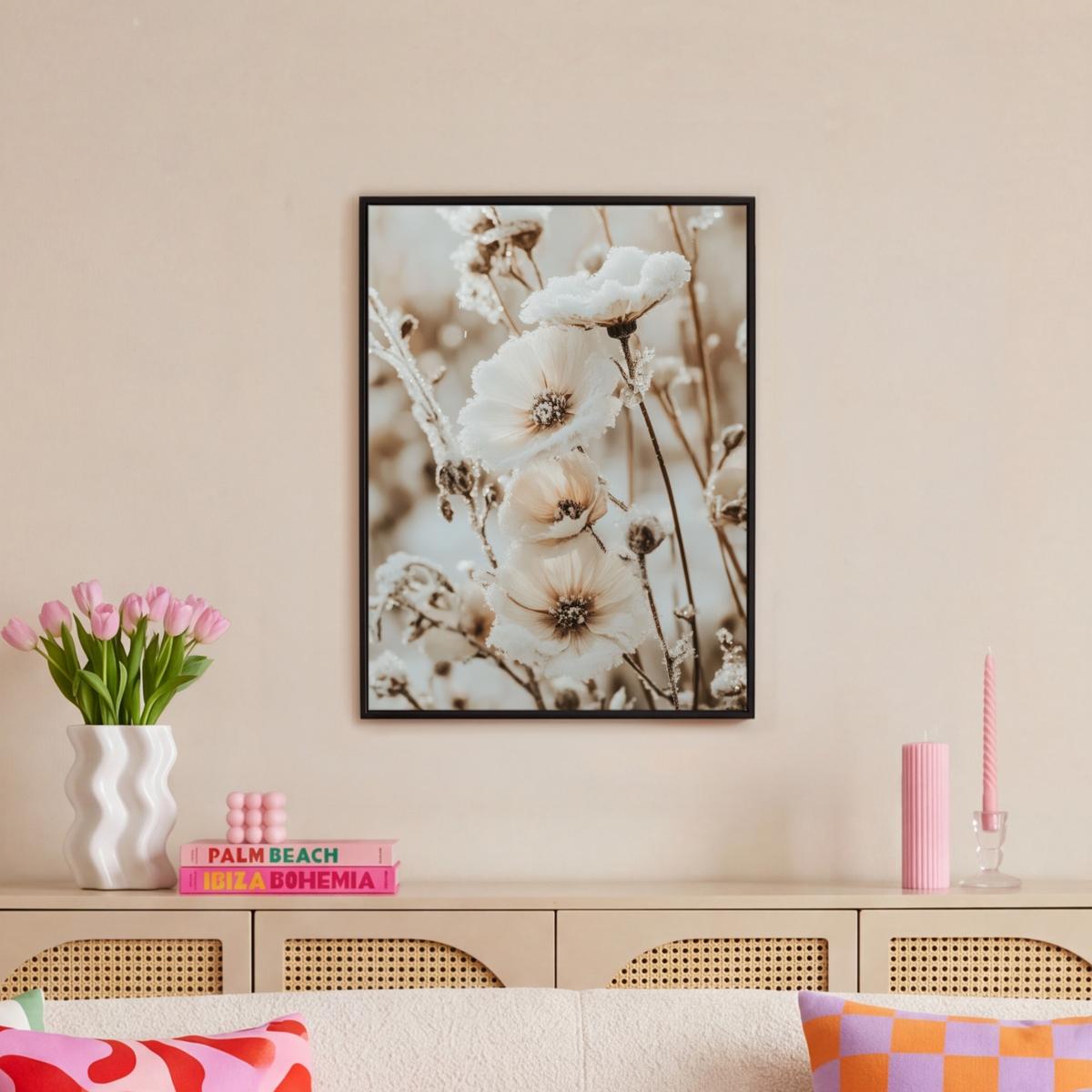 LEINWAND Bilder mit Rahmen - Blumen - Winter - Weiß - Schnee - Beige - 60x80 - Creme, Textil (60/80cm) - MuchoWow
