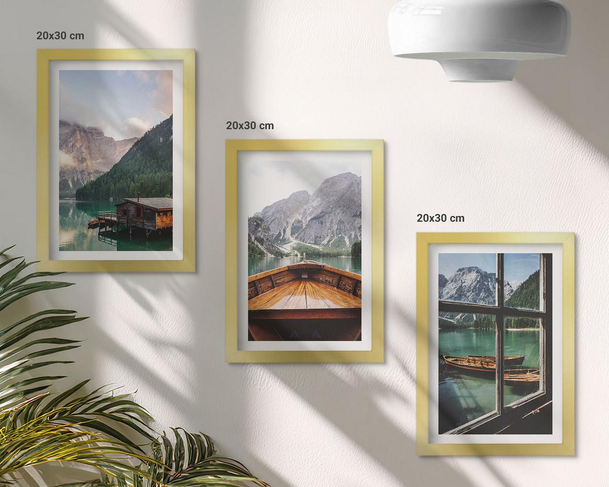 BILDER SET 3er Set - 20x30 cm Goldrahmen - Hütten am Bergsee Łódź - Goldfarben, Kunststoff (20/30cm) - TULUP
