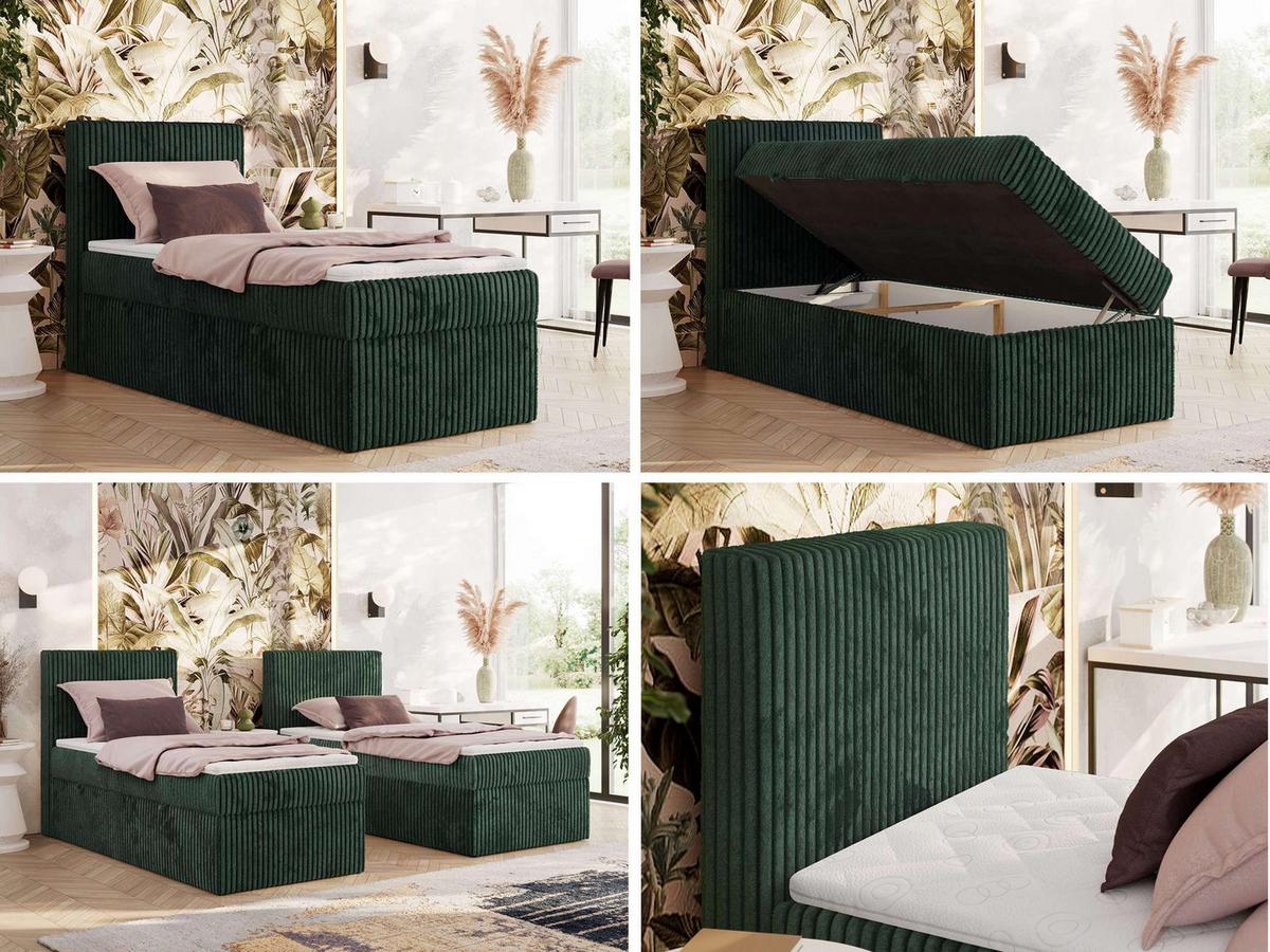 BOXBETT TILIANO 90/200 - Dunkelgrün Cord - H3 - Visco Topper - Links - Dunkelgrün, Textil (90/200cm) - MKS