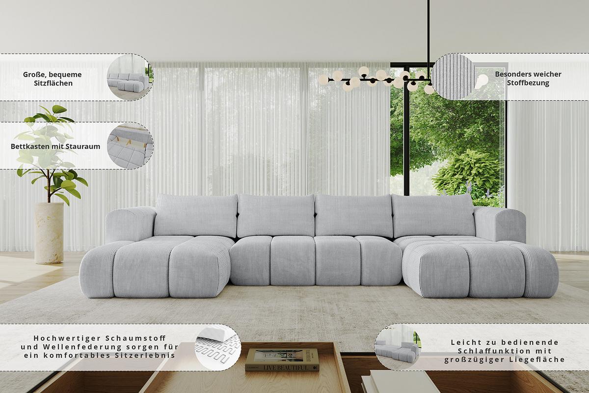 WOHNLANDSCHAFT CLOUD-U 405x185x90 Bordeaux Velours - Bordeaux, Holzwerkstoff/Kunststoff (405/90/185cm) - ALTDECOR