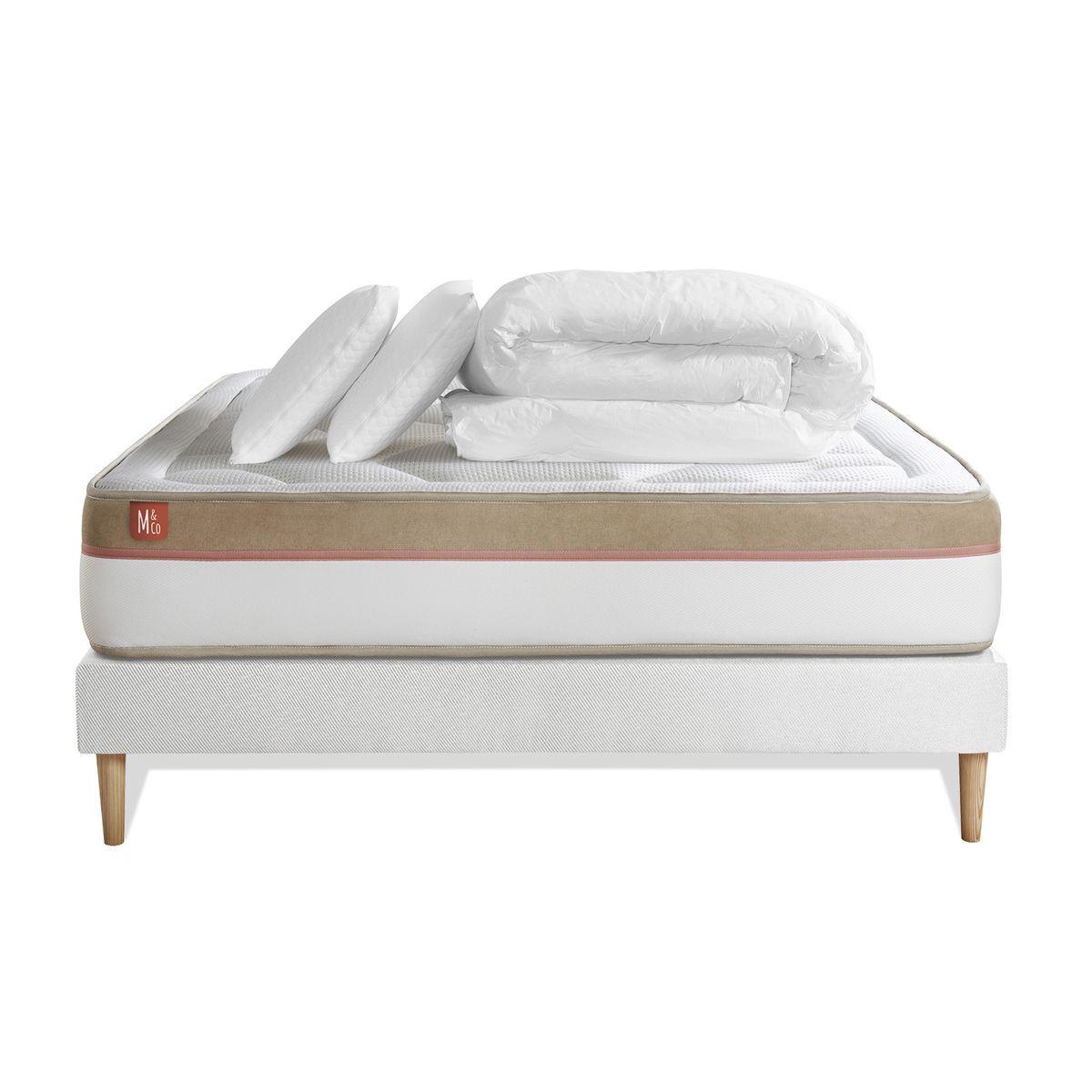 BETT Le Cosy Memory-Schaum 160 x 200 cm h3 - Kit Bettgestell Weiß - Mit Kissen und Bettdecke - Beige/Weiß, Karton/Holz (160/200cm) - Marmottes & Co