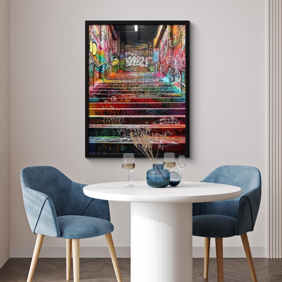 POSTER MIT RAHMEN Treppe - Graffiti - Farben - Kunst Posterleiste 60x80 cm - Multicolor, Papier (60/80cm) - MuchoWow