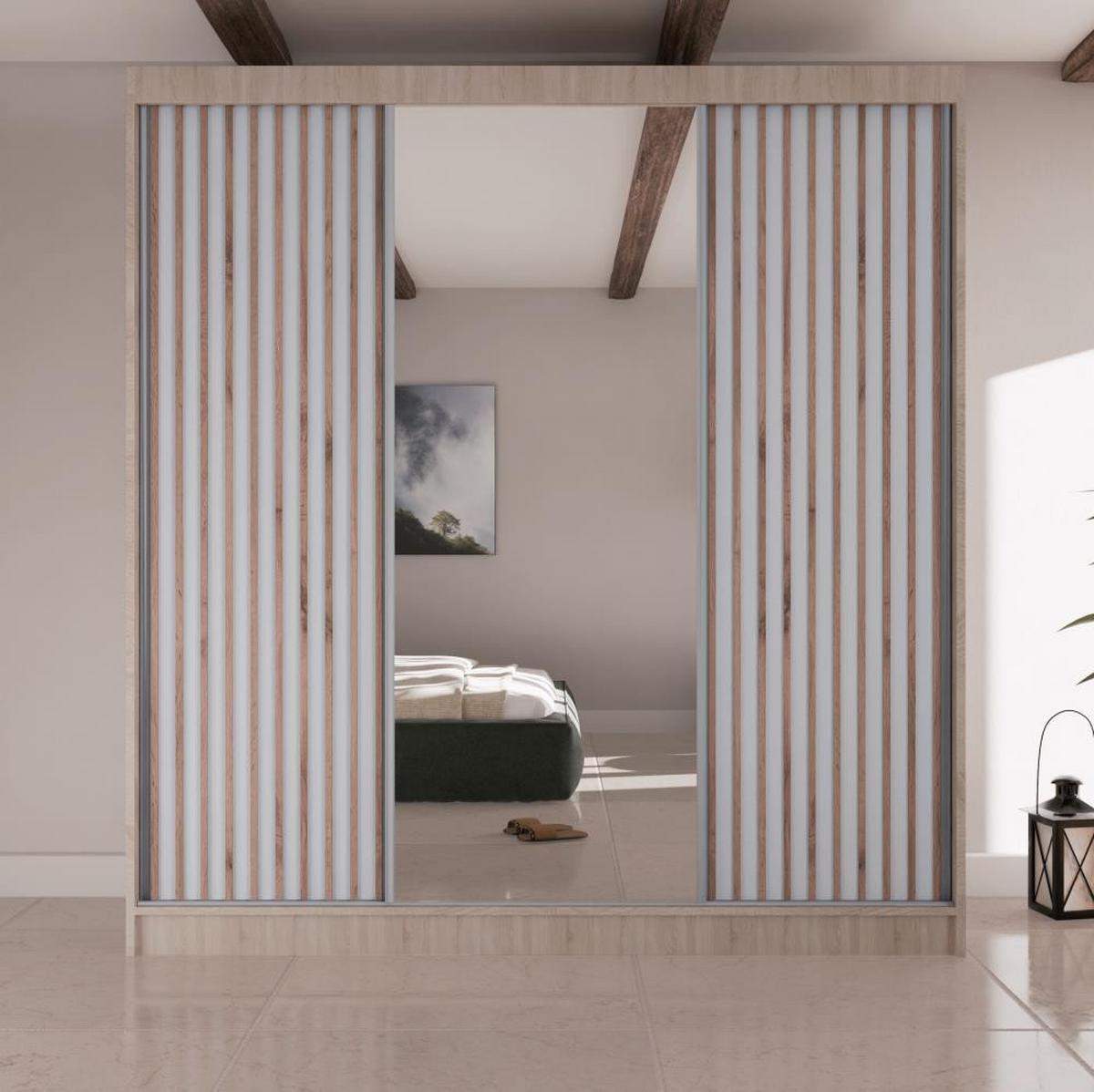 SCHWEBETÜRENSCHRANK Lico II 200/61/215 eiche sonoma+weiß - Weiß/Sonoma Eiche, Holzwerkstoff (200/215/61cm) - Beautysofa