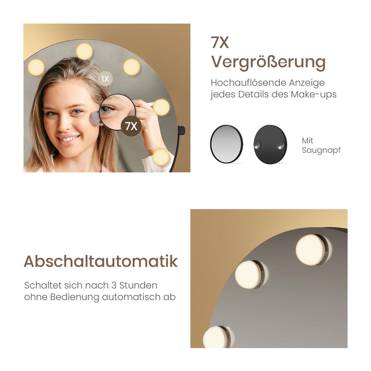 SCHMINKSPIEGEL mit Beleuchtung Schwarz ф40 cm - Schwarz, Glas (40/47/2.72cm) - EMKE