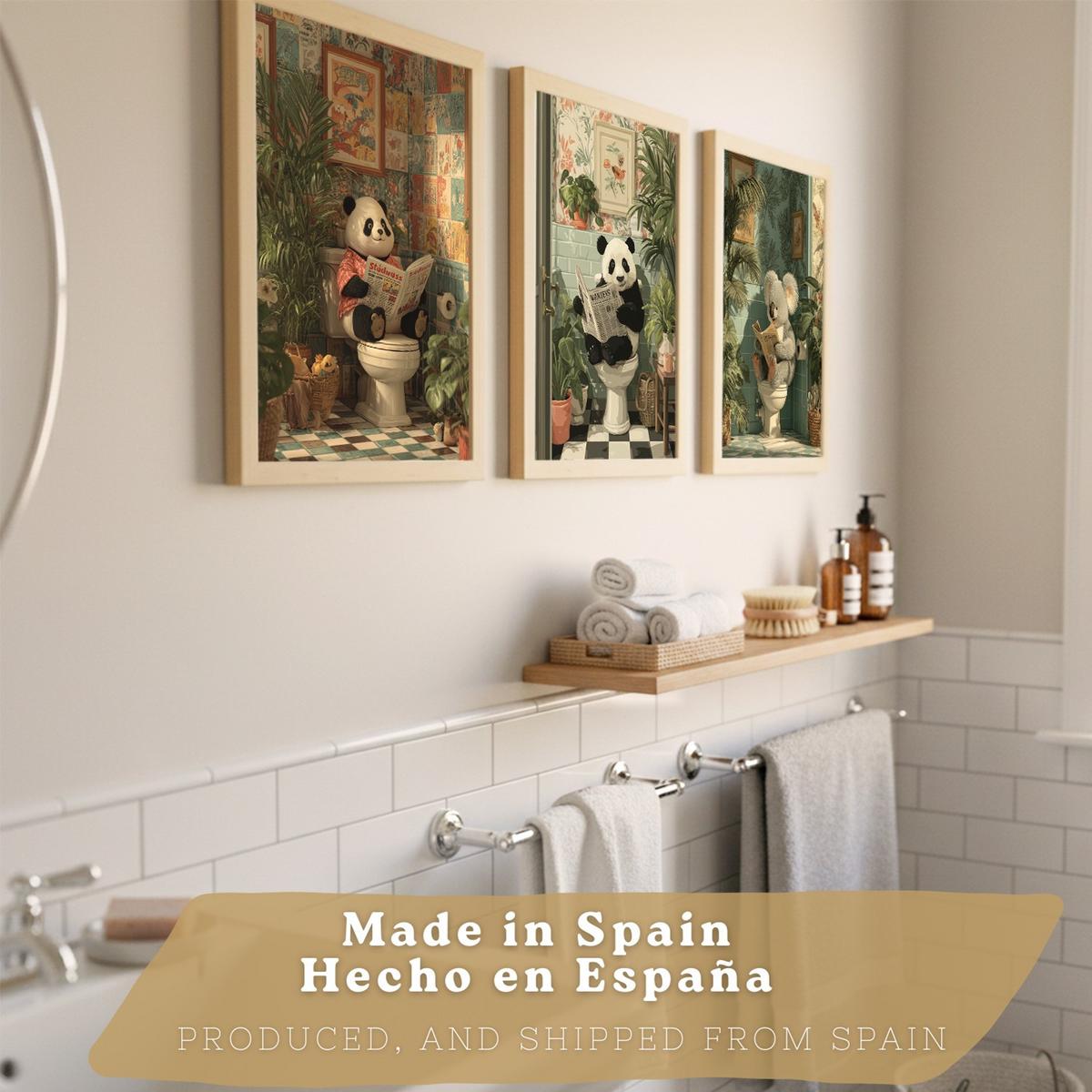 POSTER 3er-Set lustige Badezimmer-Drucke, Panda- und Koala-Tiermotive für Toilette, witziges für Toilette, Vintage-Botanik-Stil Leichter Holzrahmen A3 - Beige, Papier (42/29.7/3cm) - Nacnic
