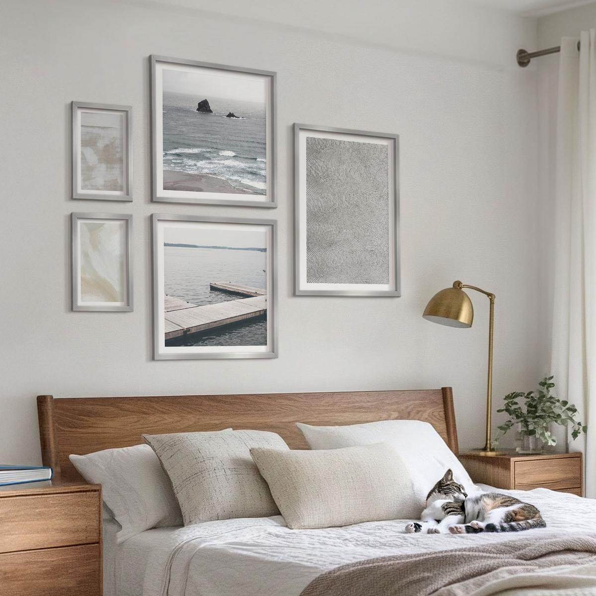 BILDER SET 5er Set - 50x50 cm & 20x30 cm & 40x60 cm Silberner Rahmen - Abstraktes Design, moderne Texturen - Silberfarben, Kunststoff (40/60cm) - TULUP