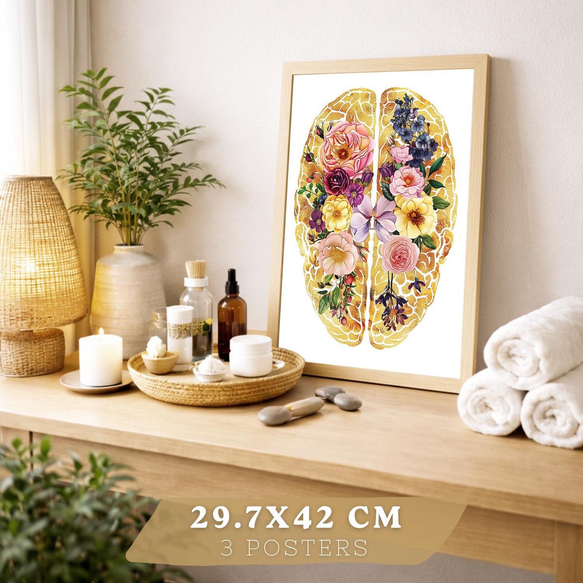 POSTER Set aus 3 Anatomie Mensch Drucke und Wandbilder mit Herz Gehirn und Skelett Goldenes Florales Design Größe Leichter Holzrahmen A3 - Beige, Papier (29.7/42/3cm) - Nacnic