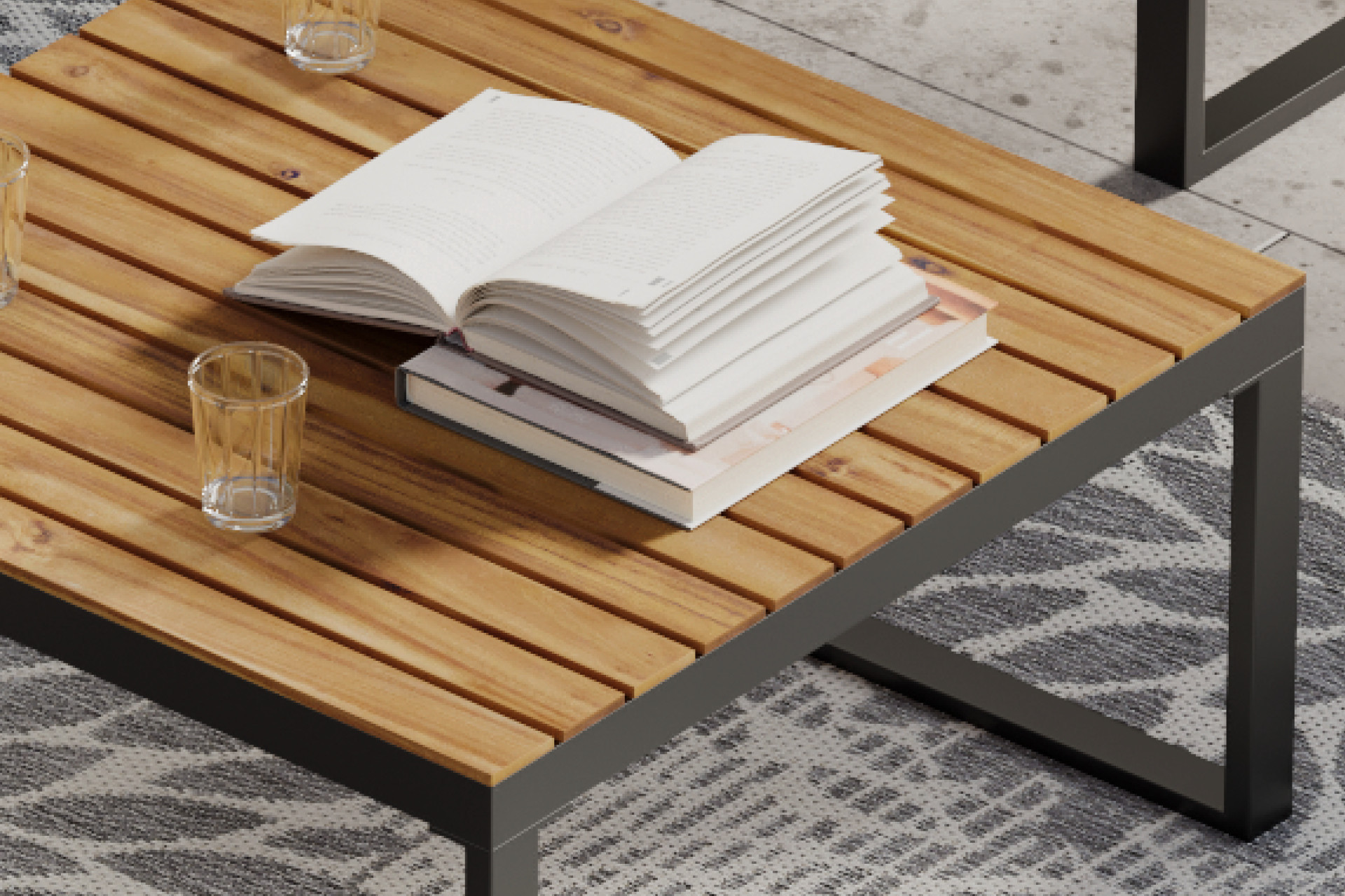 Loungegarnitur Tisch Echtholz Akazie massiv geölt Lamellenoptik Gestell Eisen pulverbeschichtet 