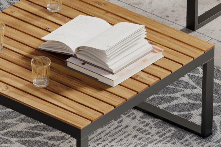 Loungegarnitur Tisch Echtholz Akazie massiv geölt Lamellenoptik Gestell Eisen pulverbeschichtet