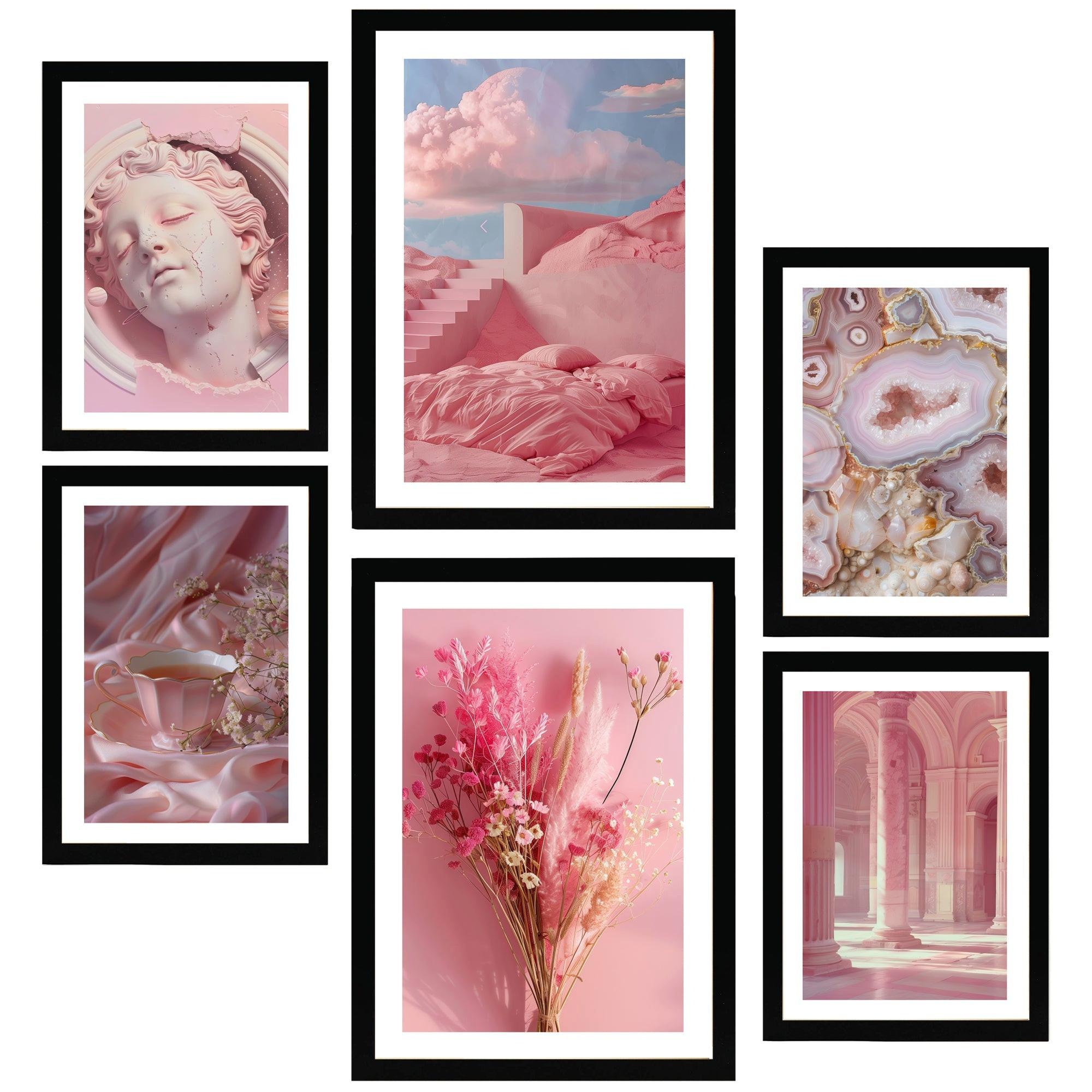 POSTER Set Mit 6 Rosa Komposition A3 & A4 Schwarzer Rahmen - Schwarz, Papier (29/3cm) - Nacnic
