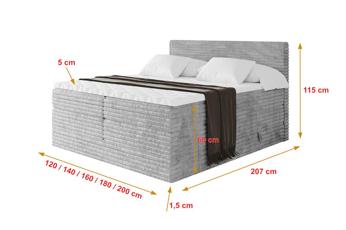 BOXSPRINGBETT mit Matratze H3|H4 und Lattenrost - TOLO KING-v1 120x200 Cord - Hellgrau - Hellgrau, Holzwerkstoff (120/200cm)