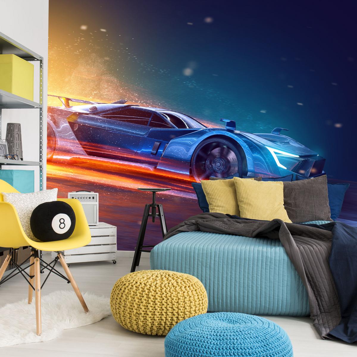 FOTOTAPETE für Jugendzimmer Futuristisches Sportwagen Neon 200x140 - Blau/Gelb, Papier (200/140cm) - Muralo