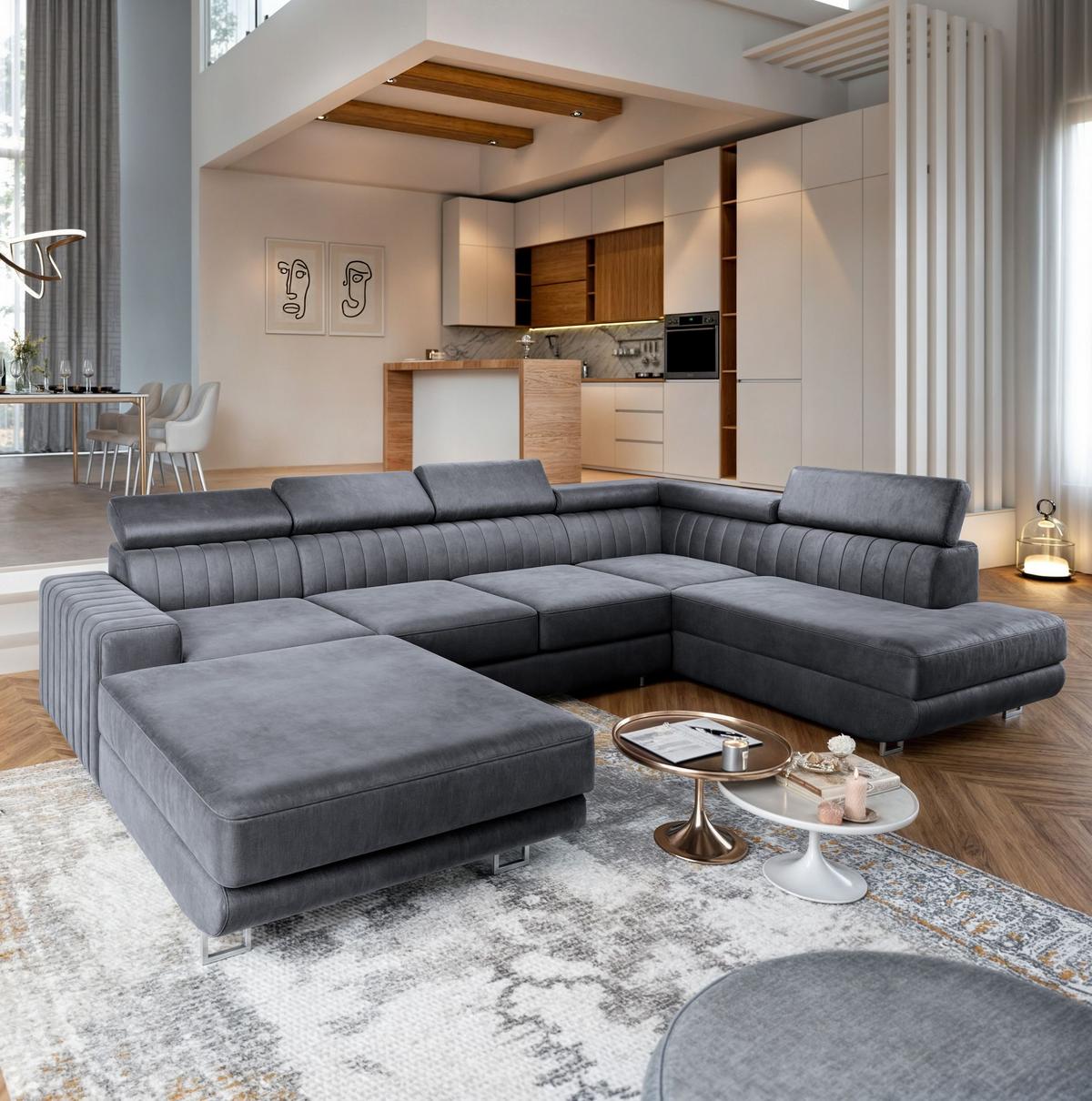 WOHNLANDSCHAFT SIENA R-S Grau Velours-Stoff mit Schlaffunktion - Silberfarben/Grau, Holz/Textil (335/89/190cm) - MASSENO