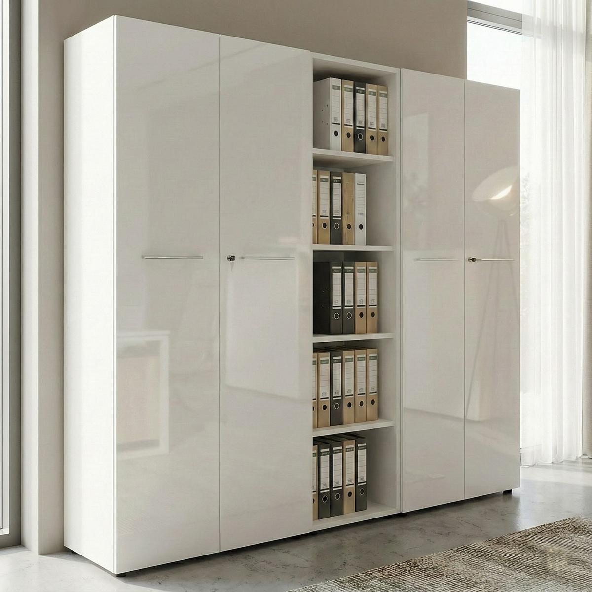 BÜRO-SET MUENCHEN 8-teilig Weiß | Glas & Abschließbar & Soft-Close - Weiß, Holzwerkstoff/Metall (80/575/196cm) - KADIMA DESIGN