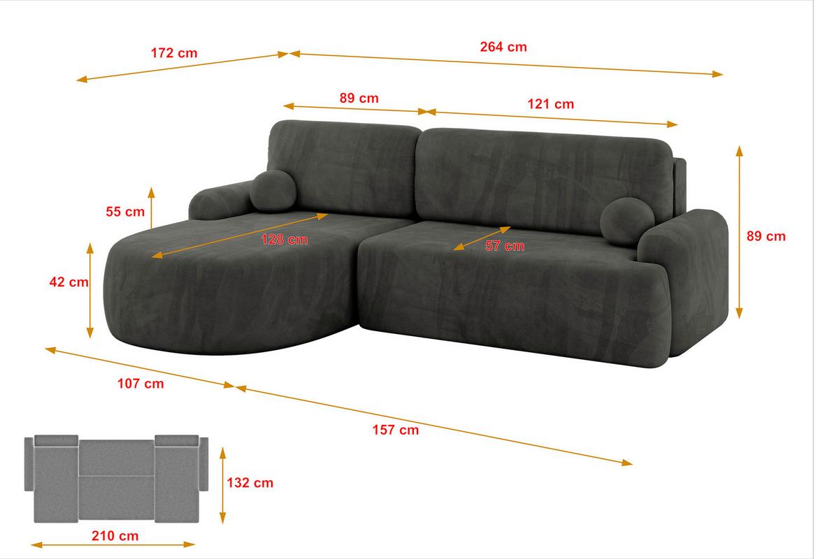 ECKSOFA mit Schlaffunktion und Bettkasten LIRA-L - 264x172x89 Dunkelgrau - Dunkelgrau, Holzwerkstoff/Textil (264/172cm) - ALTDECOR