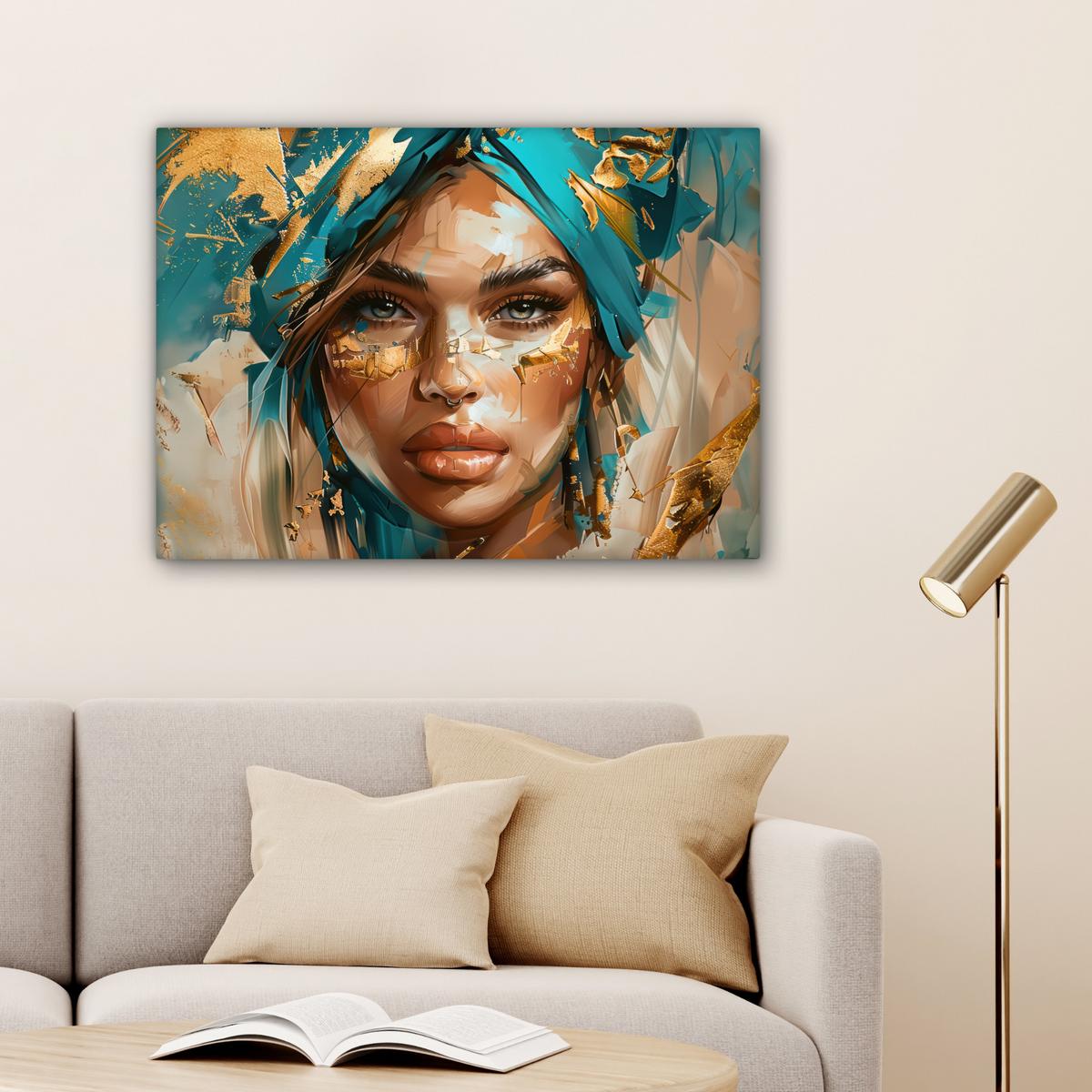 LEINWANDBILD Frau - Porträt - Gold - Luxus - Blau Wandbilder 80x60 cm - Türkis, Textil (80/60cm) - MuchoWow