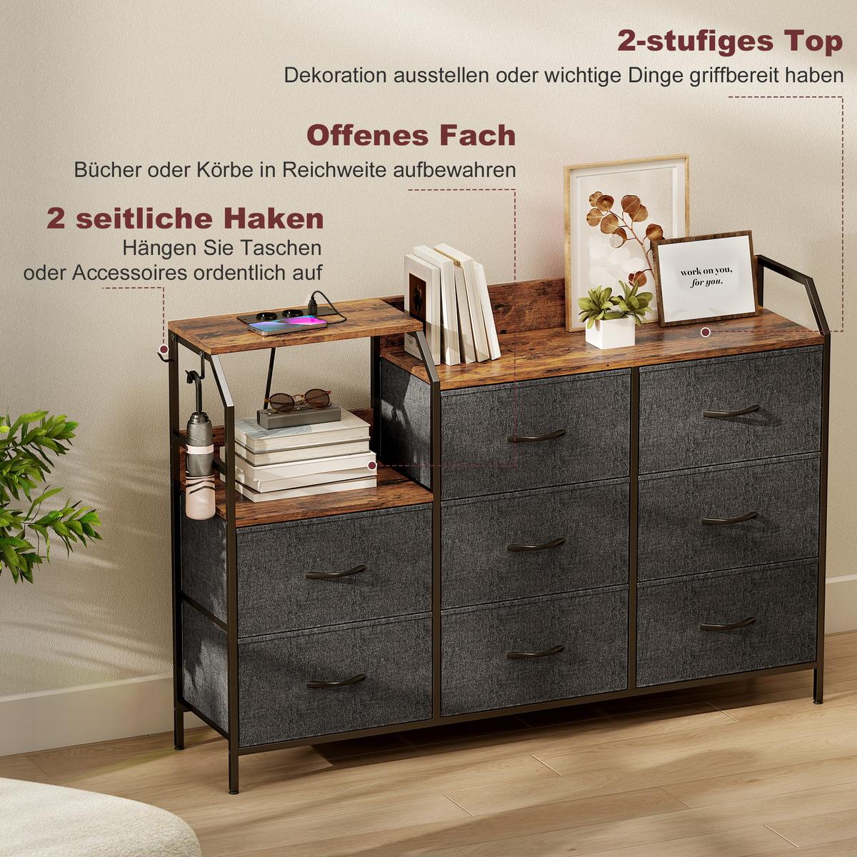 KOMMODE Schrank mit 8 Schubladen aus Vliesstoff Ladestation Haken Stahlrahmen - Multicolor/Schwarz, Kunststoff/Textil (30/88/130.5cm) - HOMCOM