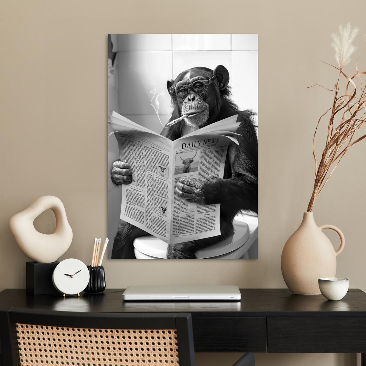 POSTER Affe - WC - Zeitung - Schwarz-Weiß - Humor Wanddeko 40x60 cm - Hellgrau, Papier (40/60/0.1cm) - MuchoWow