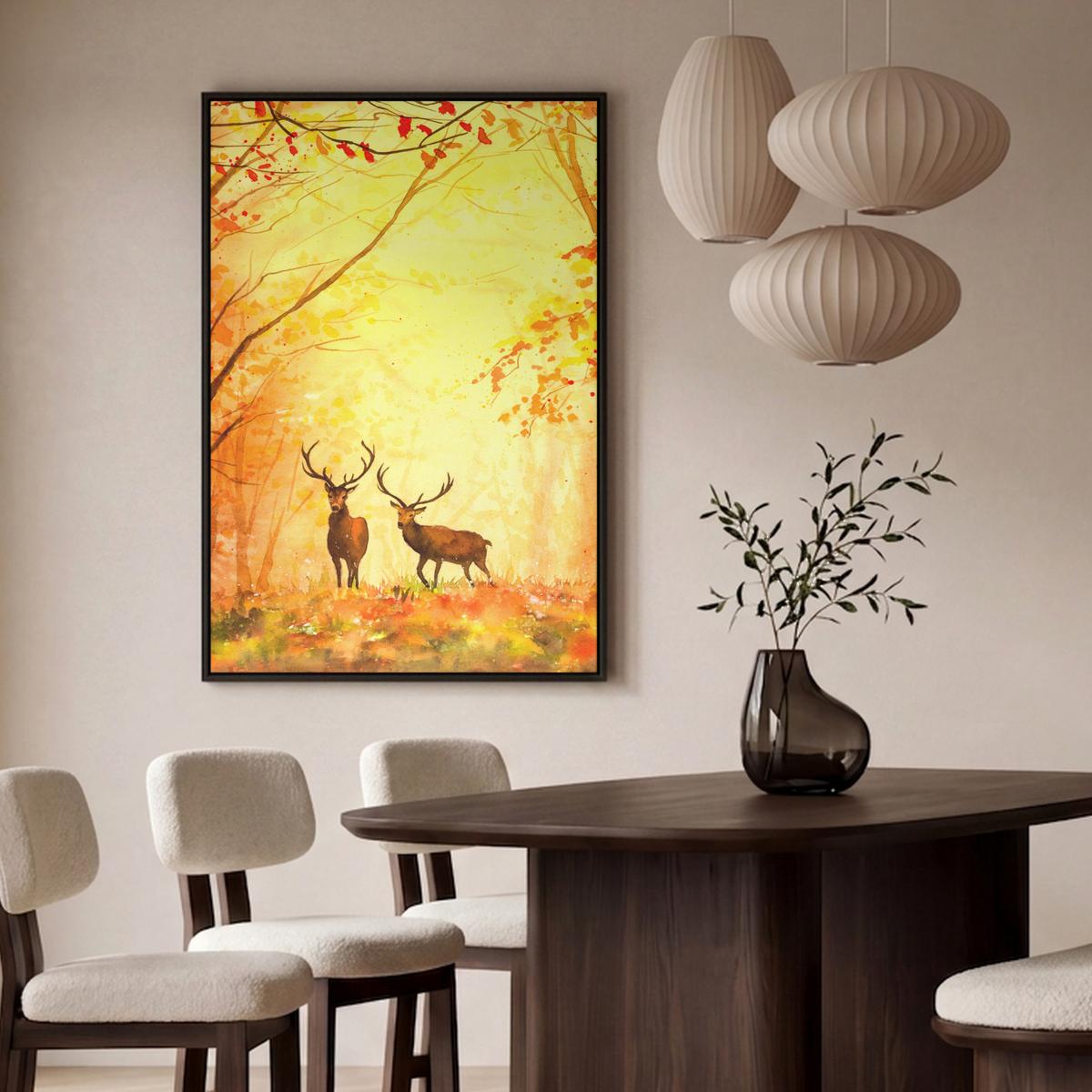 LEINWAND Bilder mit Rahmen - Natur - Ölfarbe - Hirsche - Tiere - Herbst - Orange - 90x140 - Orange, Textil (90/140cm) - MuchoWow