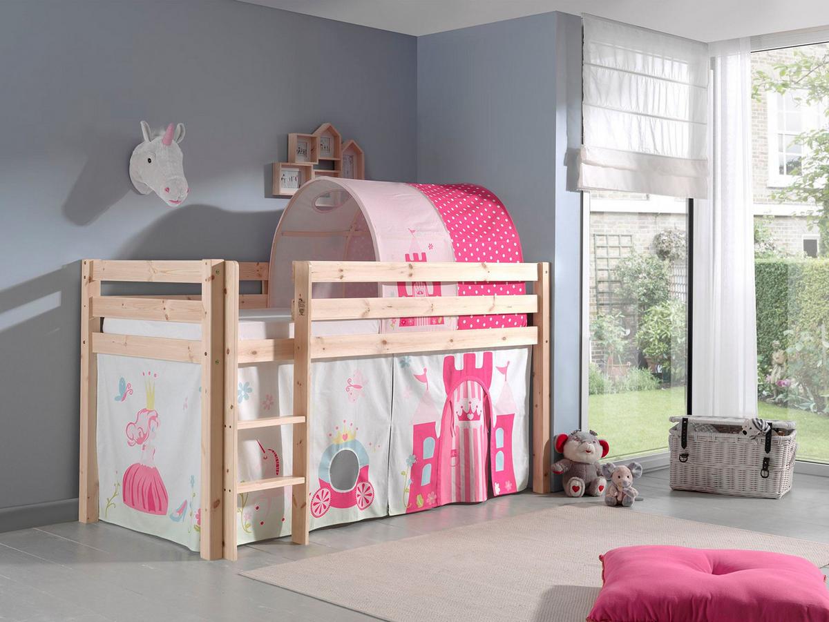 KINDERBETT Karolina 210x114x106 Massivholz Natur Textilset Princess 2 - Magenta/Kieferfarben, Holz (90/200cm) - 58aufmkessel