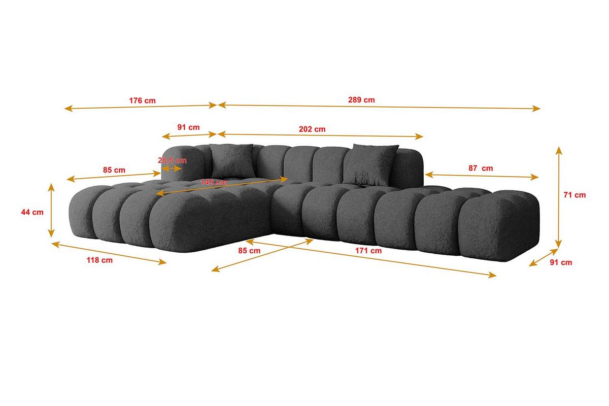 ECKSOFA Ottomane Links OLEA-L2 - 289x176x71 cm Grau - Platinfarben/Schwarz, Holzwerkstoff/Kunststoff (190/309cm) - ALTDECOR