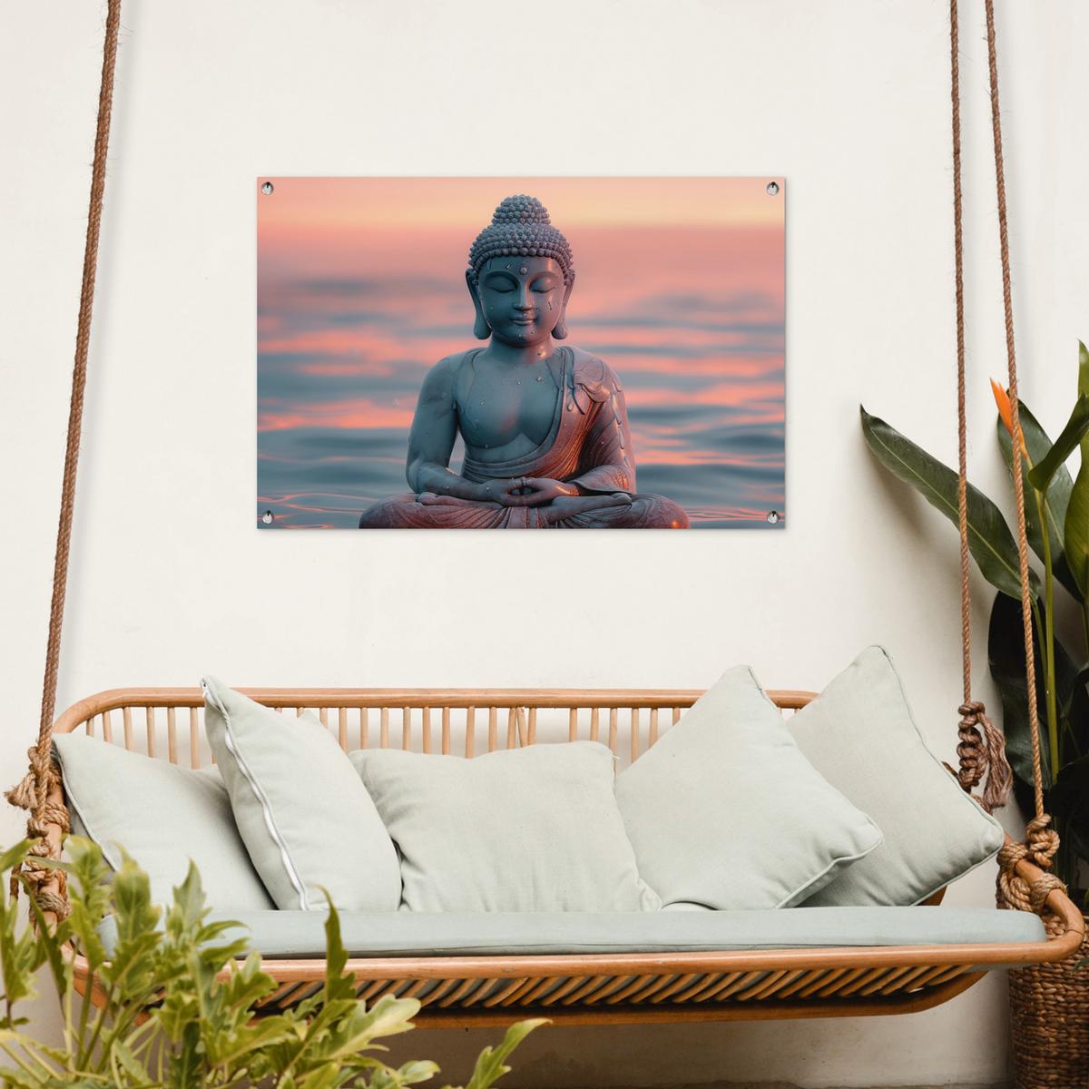 GARTENPOSTER Buddha - Statue - Buddha - Wasser - Kunst - Buddha Gartendeko 90x60 cm - Blaugrau, Kunststoff (90/60/0.2cm) - OnlyWow