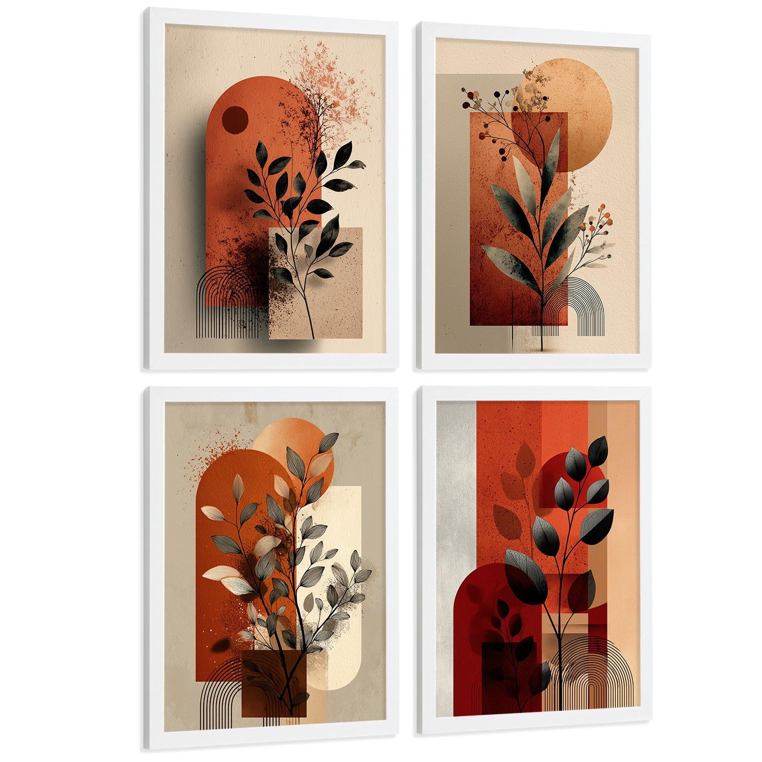 POSTER 4er Kunstdruck-Set Wandbilder Blumen Abstrakt Rot Orange modern Wohnzimmer Deko, Schlafzimmer, Küche, Badezimmer Rahmenlos A3 - Weiß, Papier (29.7/1/42cm) - Nacnic