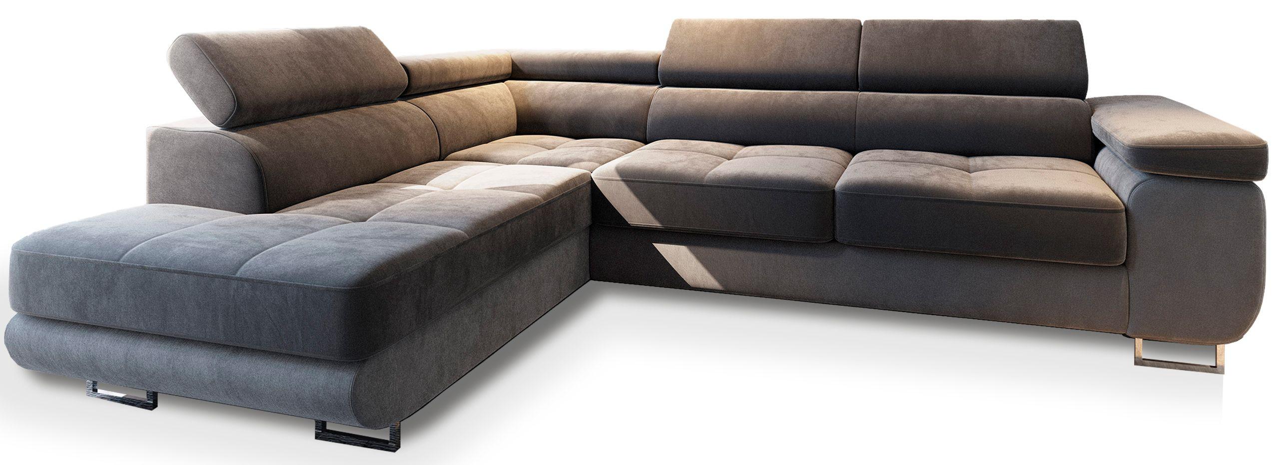 ECKSOFA SELVA L-S Grau Velours-Stoff mit Schlaffunktion - Silberfarben/Grau, Holz/Holzwerkstoff (275/202cm) - MASSENO