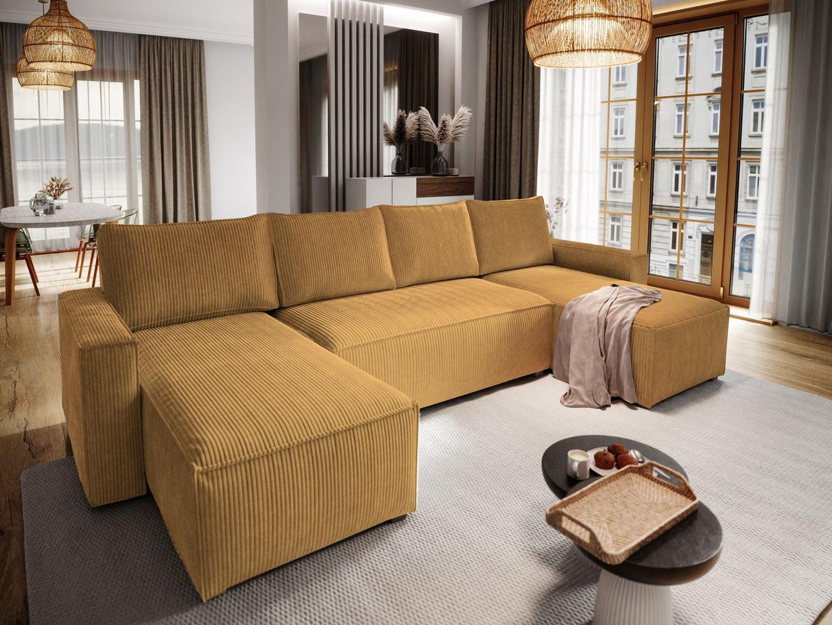 WOHNLANDSCHAFT ASPRA Gelb Kordstoff mit Schlaffunktion - Gelb/Grau, Holz/Kunststoff (295/85/140cm) - MASSENO