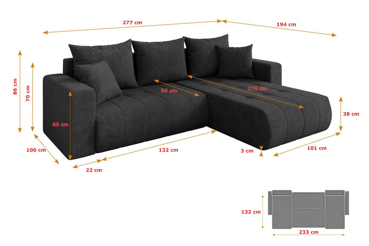ECKSOFA mit Schlaffunktion Ottomane Rechts MILA-L 277x194x86 Dunkelgrau Velours - Anthrazit/Schwarz, Holzwerkstoff/Kunststoff (277/194cm) - ALTDECOR