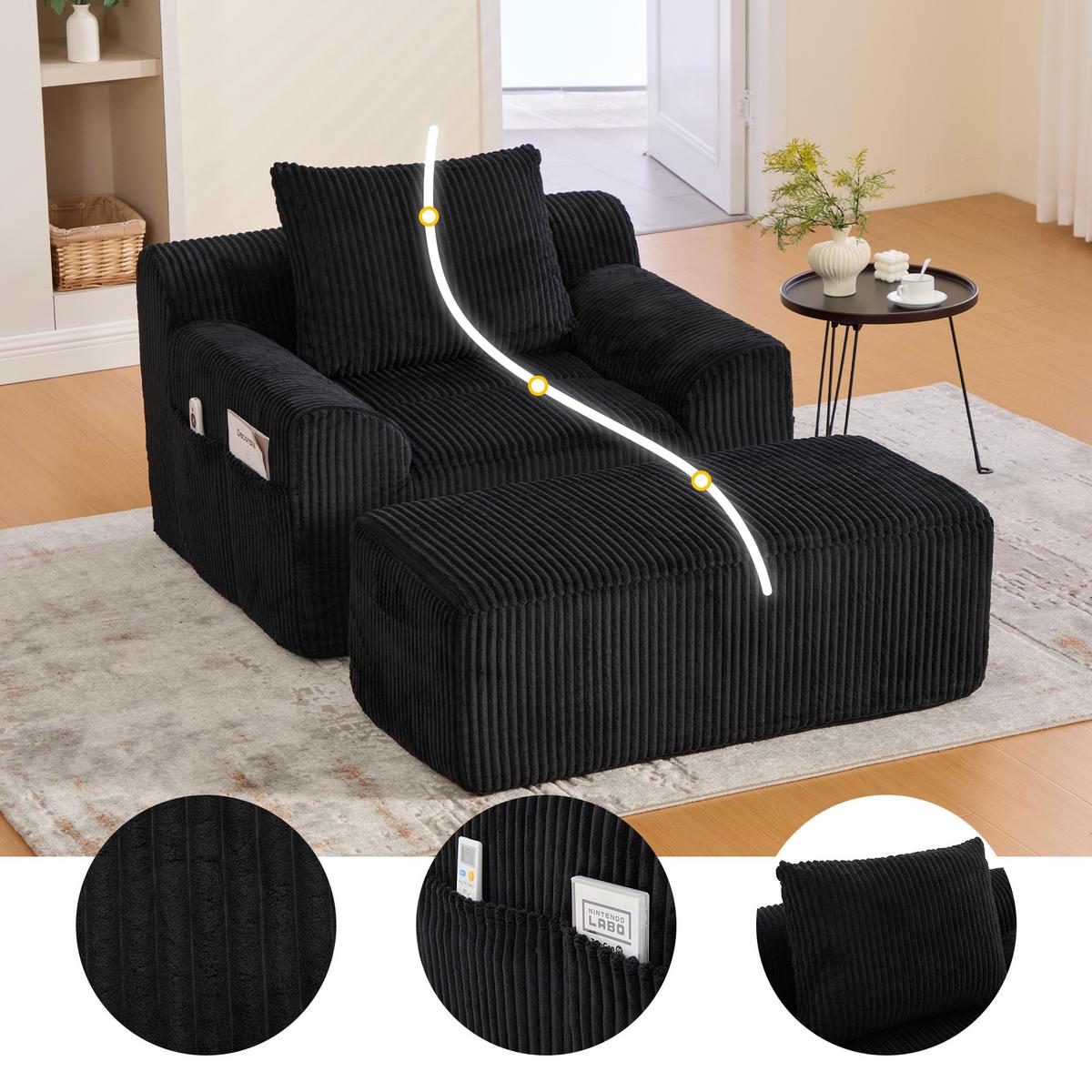 SESSEL mit Hocker in Cord Übergroßer Relaxsessel - Schwarz, Textil (110/67/147cm) - Urban Meuble
