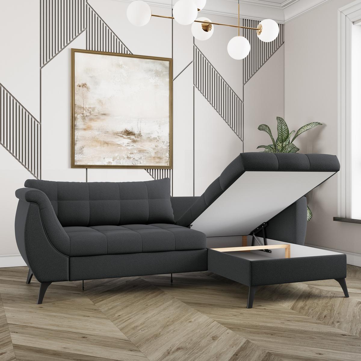 ECKSOFA MOLLIS Graphitfarben Geflochtener-Stoff mit Schlaffunktion - Graphitfarben, Holz (241/154cm) - MASSENO