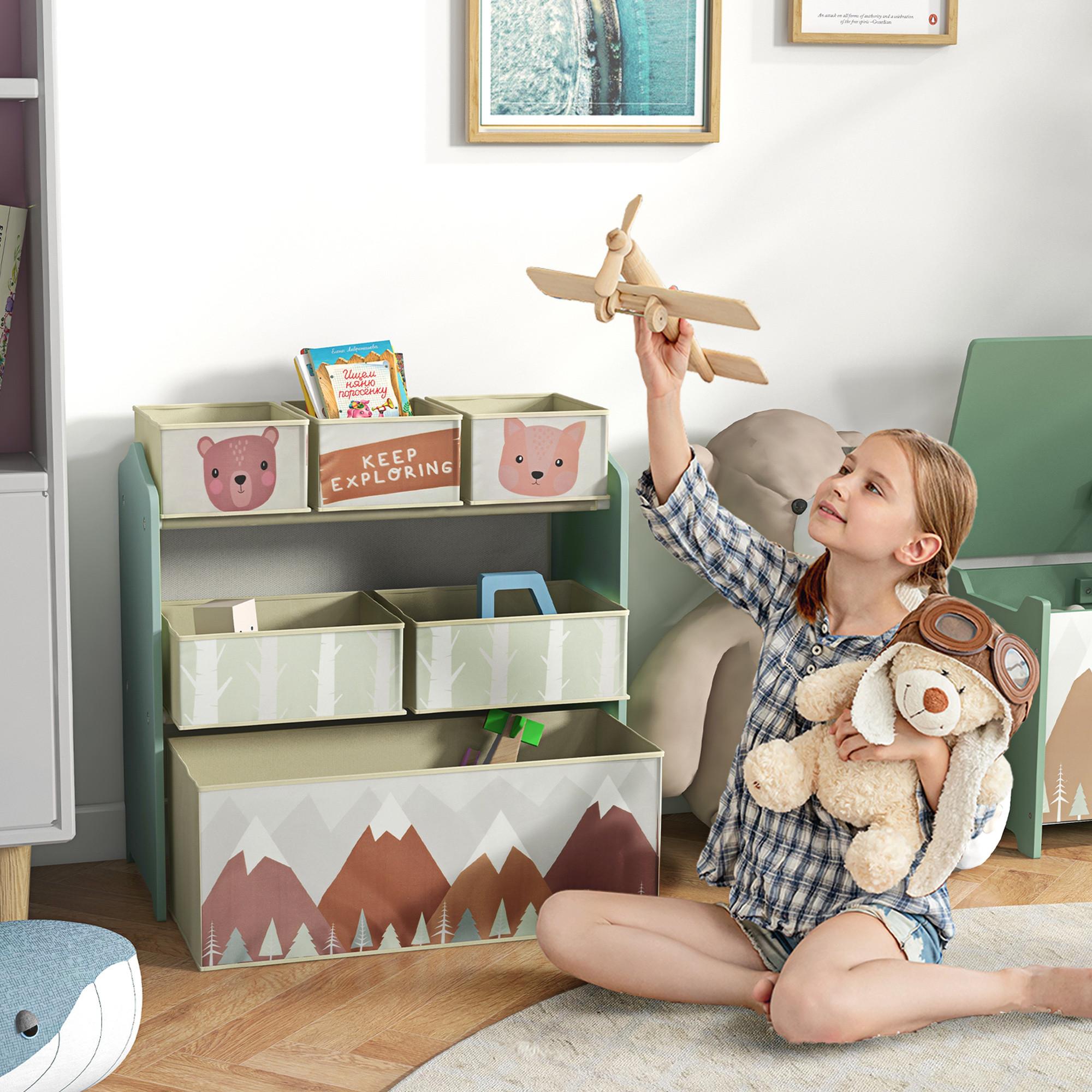 KINDERREGAL Spielzeugregal mit 6 herausnehmbare Boxen aus Vliesstoff, Grün - Grün, Holzwerkstoff (30/66/63cm) - ZONEKIZ